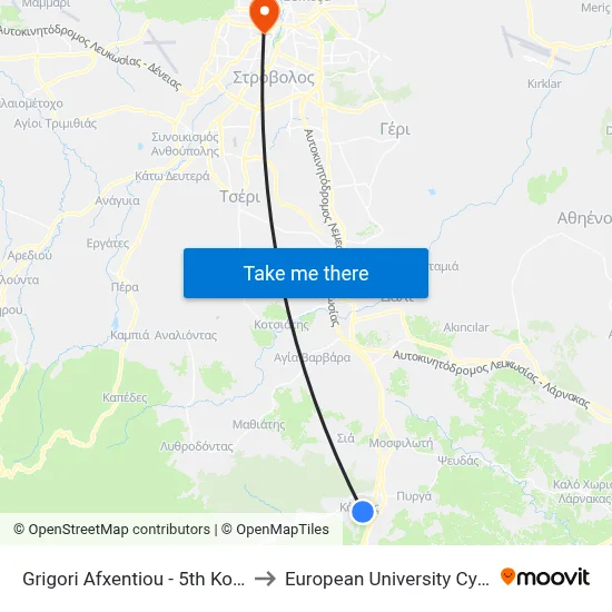 Grigori Afxentiou - 5th Kornos to European University Cyprus map
