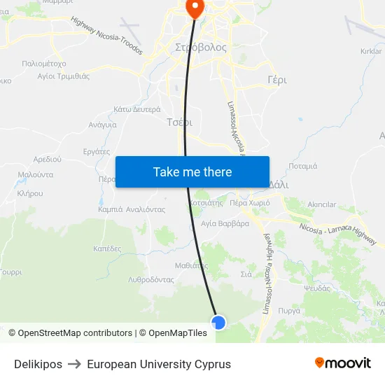 Delikipos to European University Cyprus map