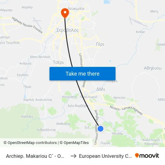 Archiep. Makariou C´ - Omirou to European University Cyprus map