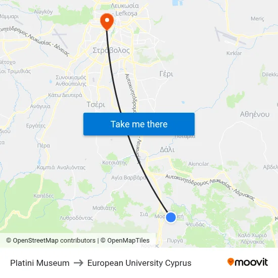 Platini Museum to European University Cyprus map