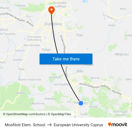 Mosfiloti Elem. School to European University Cyprus map