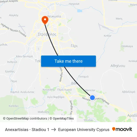 Anexartisias - Stadiou to European University Cyprus map