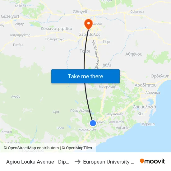 Ag. Louka Ave. - Dipotamou to European University Cyprus map