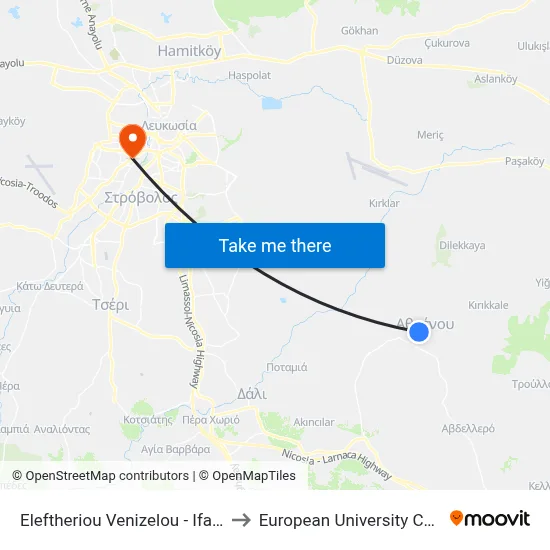 Eleftheriou Venizelou - Ifaistou to European University Cyprus map