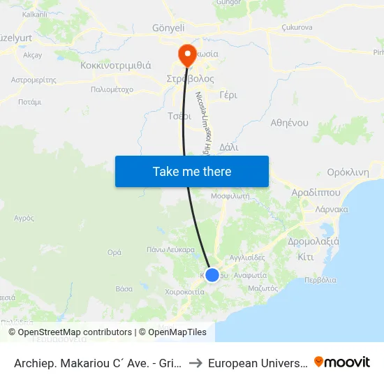 Archiep. Makariou C´ Ave. - Grigori Afxentiou 2 to European University Cyprus map