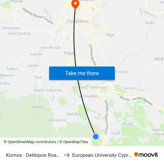 Kornos - Delikipos Road to European University Cyprus map