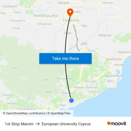 1st Stop Maroni to European University Cyprus map