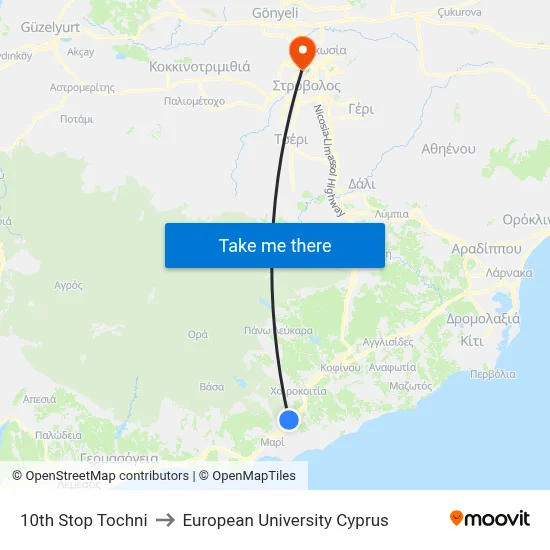 10th Stop Tochni to European University Cyprus map