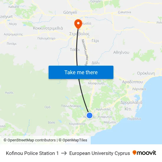 Kofinou Police Station to European University Cyprus map