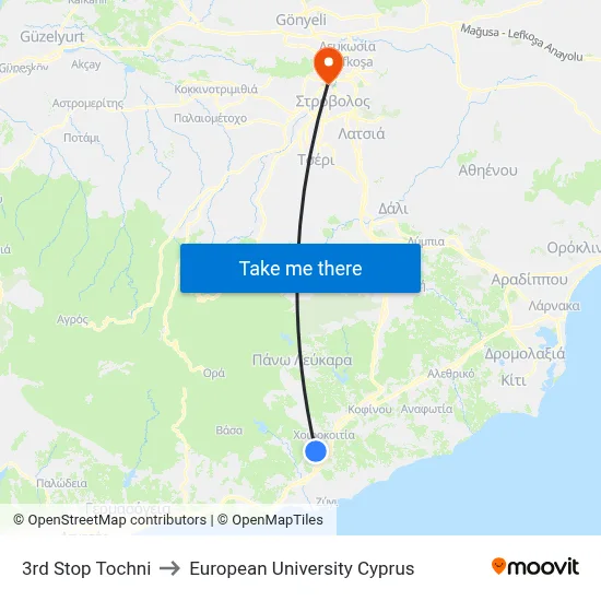 3rd Stop Tochni to European University Cyprus map