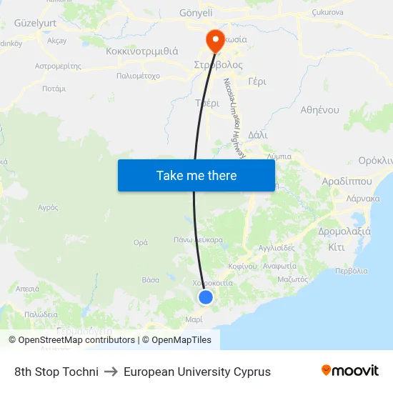 8th Stop Tochni to European University Cyprus map