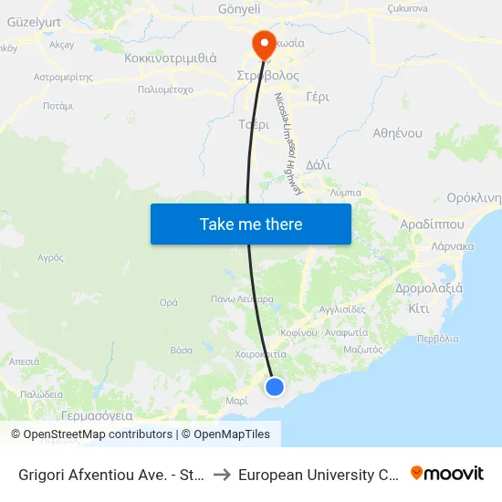 Grigoris Afxentiou Ave. - Stadiou to European University Cyprus map