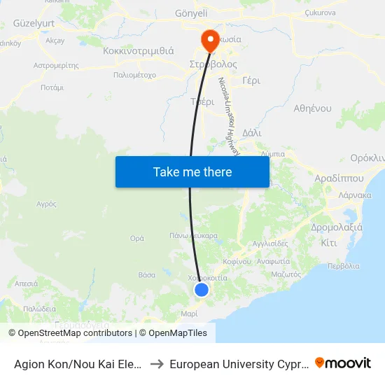 Ag. Kon/Nou Kai Elenis to European University Cyprus map