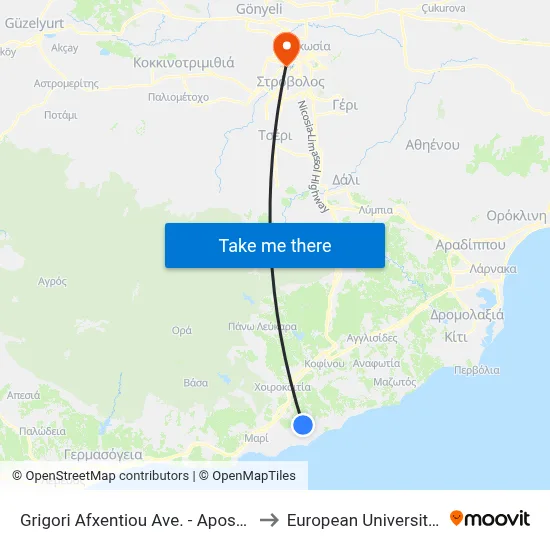 Grigori Afxentiou Ave. - Apost. Andreou to European University Cyprus map