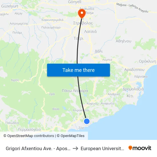 Grigori Afxentiou Ave. - Apost. Andreou to European University Cyprus map