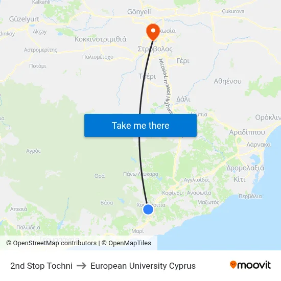 2nd Stop Tochni to European University Cyprus map