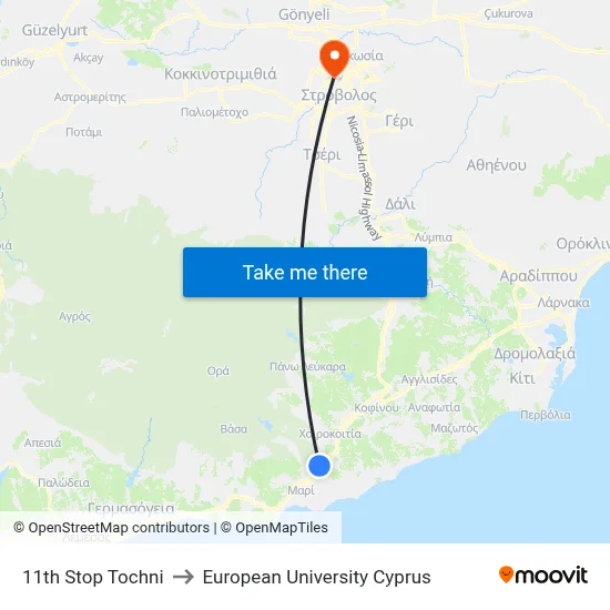 11th Stop Tochni to European University Cyprus map