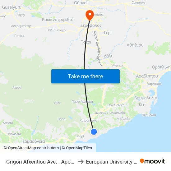 Grigori Afxentiou Ave. - Apostolos Loukas to European University Cyprus map