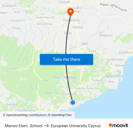 Maroni Elem. School to European University Cyprus map
