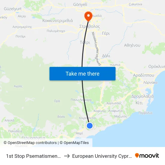 1st Stop Psematismenos to European University Cyprus map