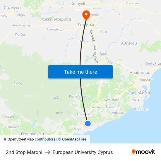 2nd Stop Maroni to European University Cyprus map