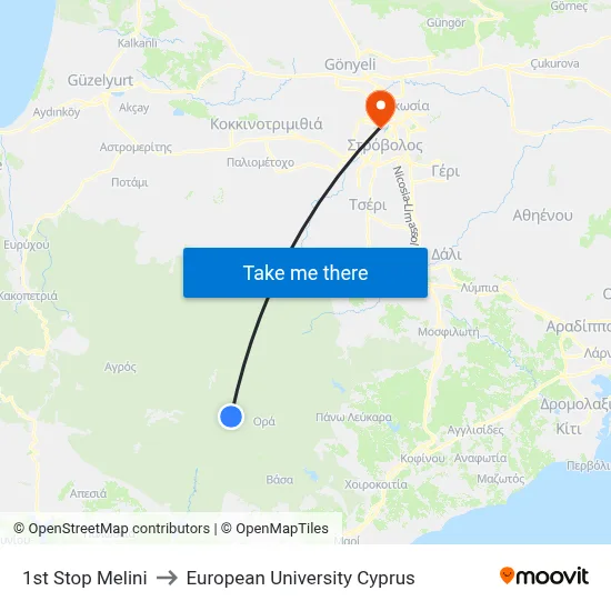 1st Stop Melini to European University Cyprus map