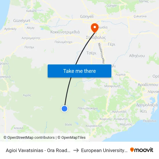 Ag. Vavatsinias - Ora Road - 1st Stop to European University Cyprus map