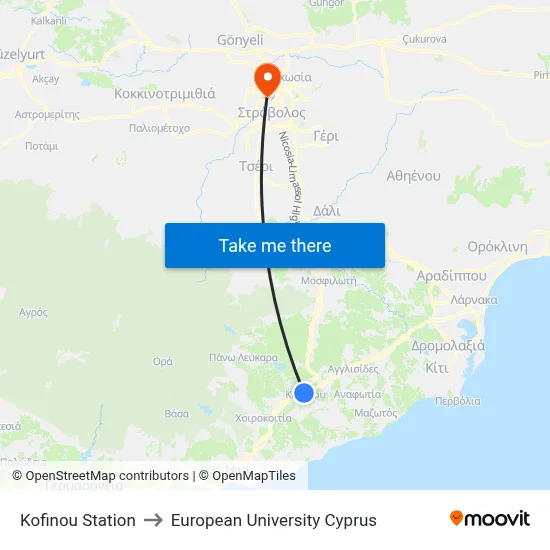 Kofinou Station to European University Cyprus map