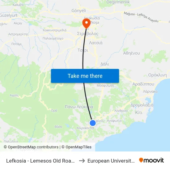 Nicosia - Limassol Old Road - 1st Stop to European University Cyprus map