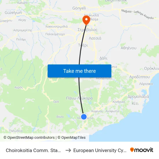 Choirokoitia Comm. Stadium to European University Cyprus map