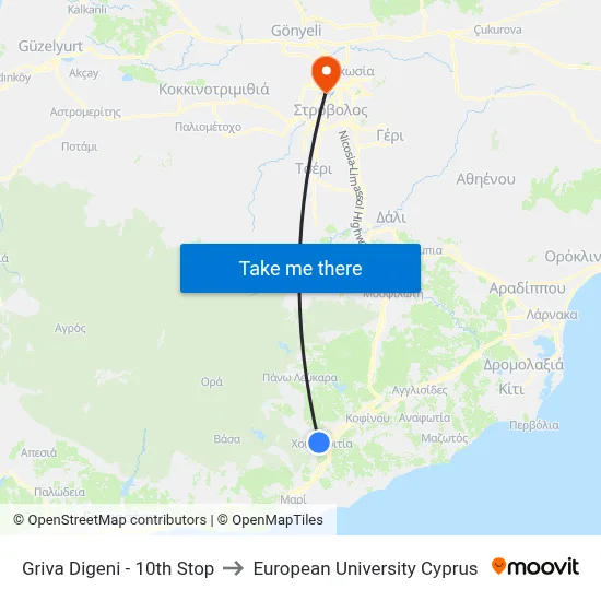 Griva Digeni - 10th Stop to European University Cyprus map