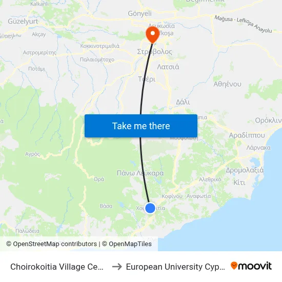 Choirokoitia Village Centre to European University Cyprus map