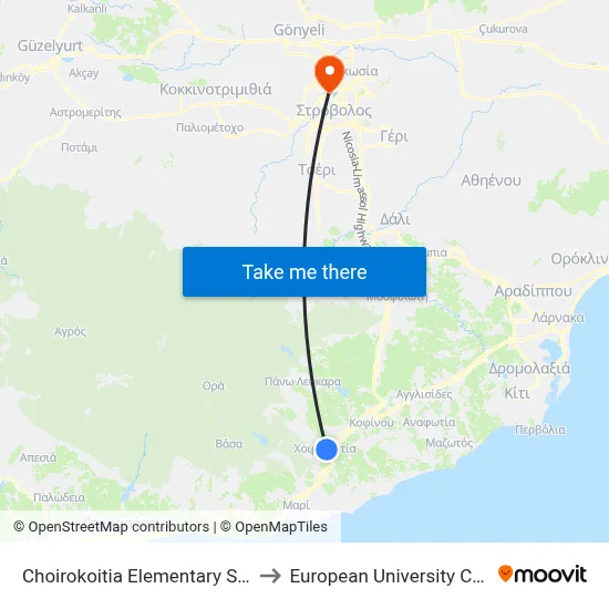 Choirokoitia Elementary School to European University Cyprus map