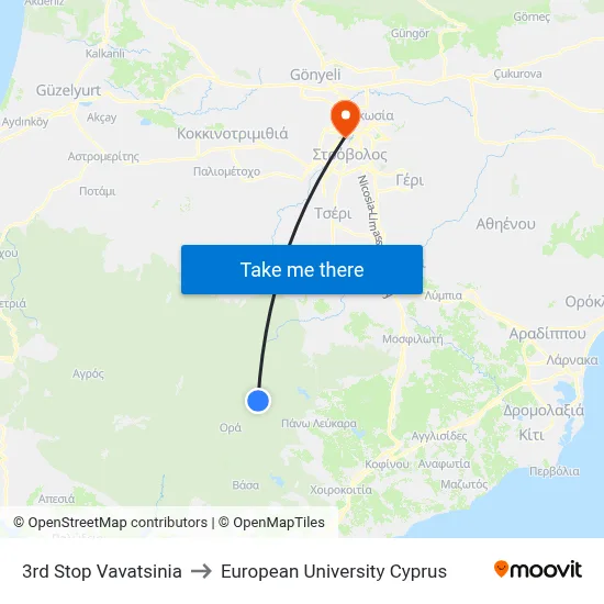 3rd Stop Vavatsinia to European University Cyprus map