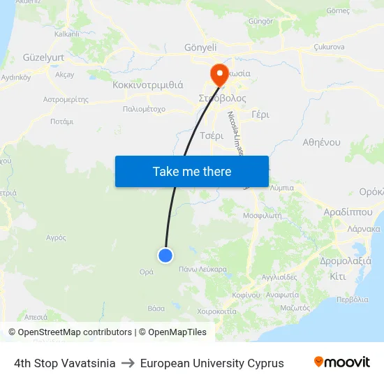 4th Stop Vavatsinia to European University Cyprus map