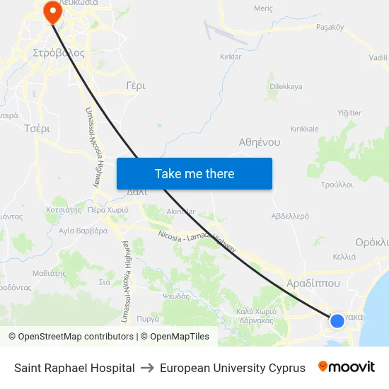 Saint Raphael Hospital to European University Cyprus map