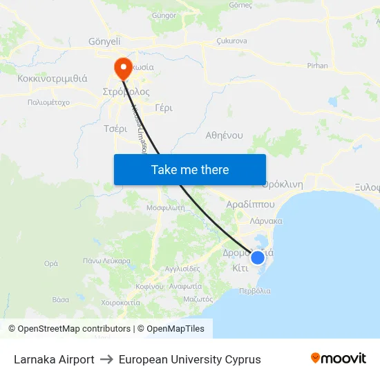 Larnaka Airport to European University Cyprus map