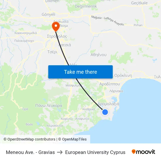Meneou Avenue - Gravias to European University Cyprus map