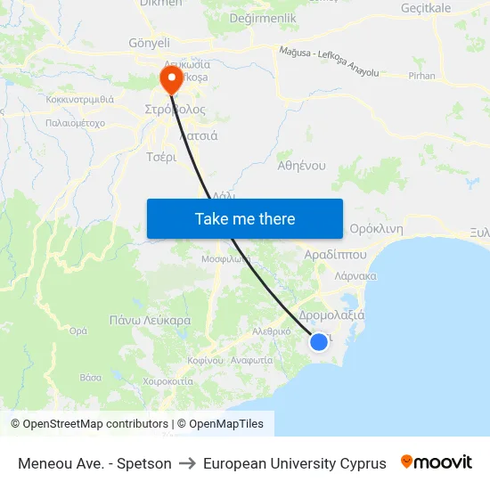 Meneou Avenue - Spetson to European University Cyprus map