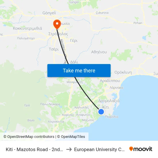 Kiti - Mazotos Road - 2nd Stop to European University Cyprus map