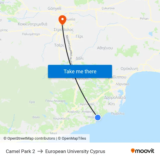 Camel Park 2 to European University Cyprus map
