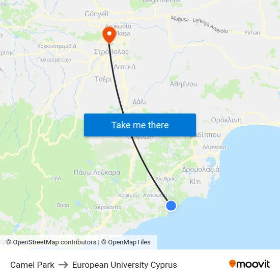 Camel Park to European University Cyprus map