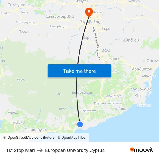 1st Stop Mari to European University Cyprus map