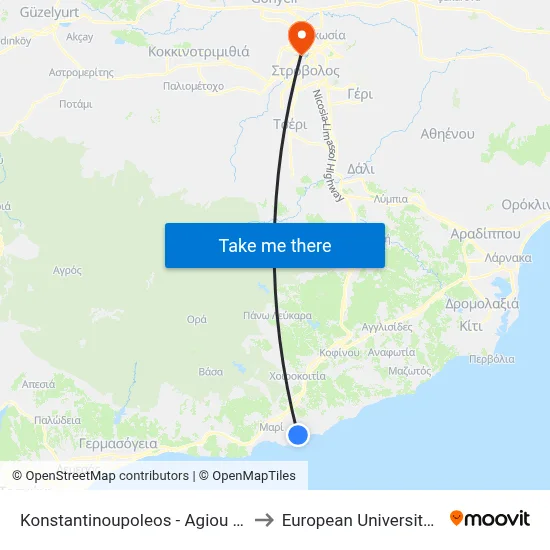 Konstantinoupoleos - Ag. Kyriakou to European University Cyprus map