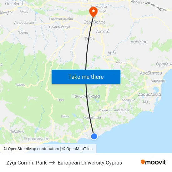 Zygi Comm. Park to European University Cyprus map