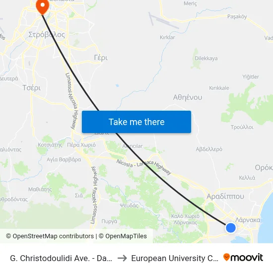 G. Christodoulidi Ave. - Dafnidos to European University Cyprus map