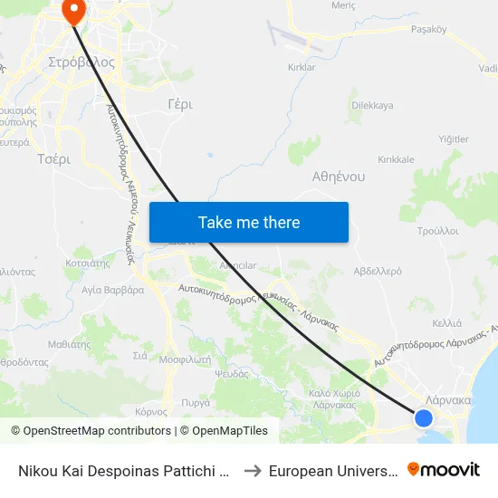Nikos and Despina Pattichi Ave - Kalymnos to European University Cyprus map