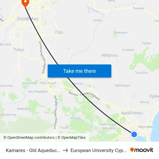 Kamares - Old Aqueduct 1 to European University Cyprus map