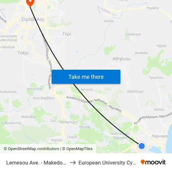 Lemesou Ave. - Makedonias to European University Cyprus map