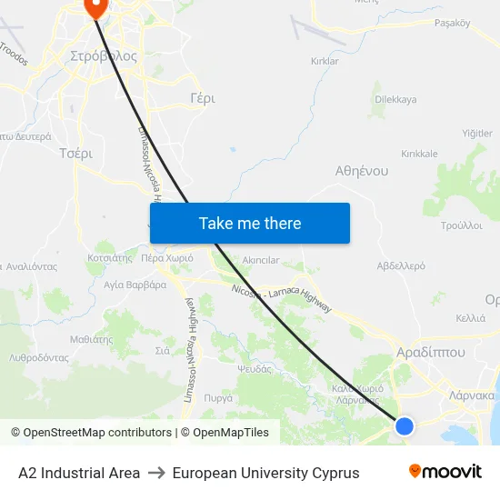 A2 Industrial Area to European University Cyprus map